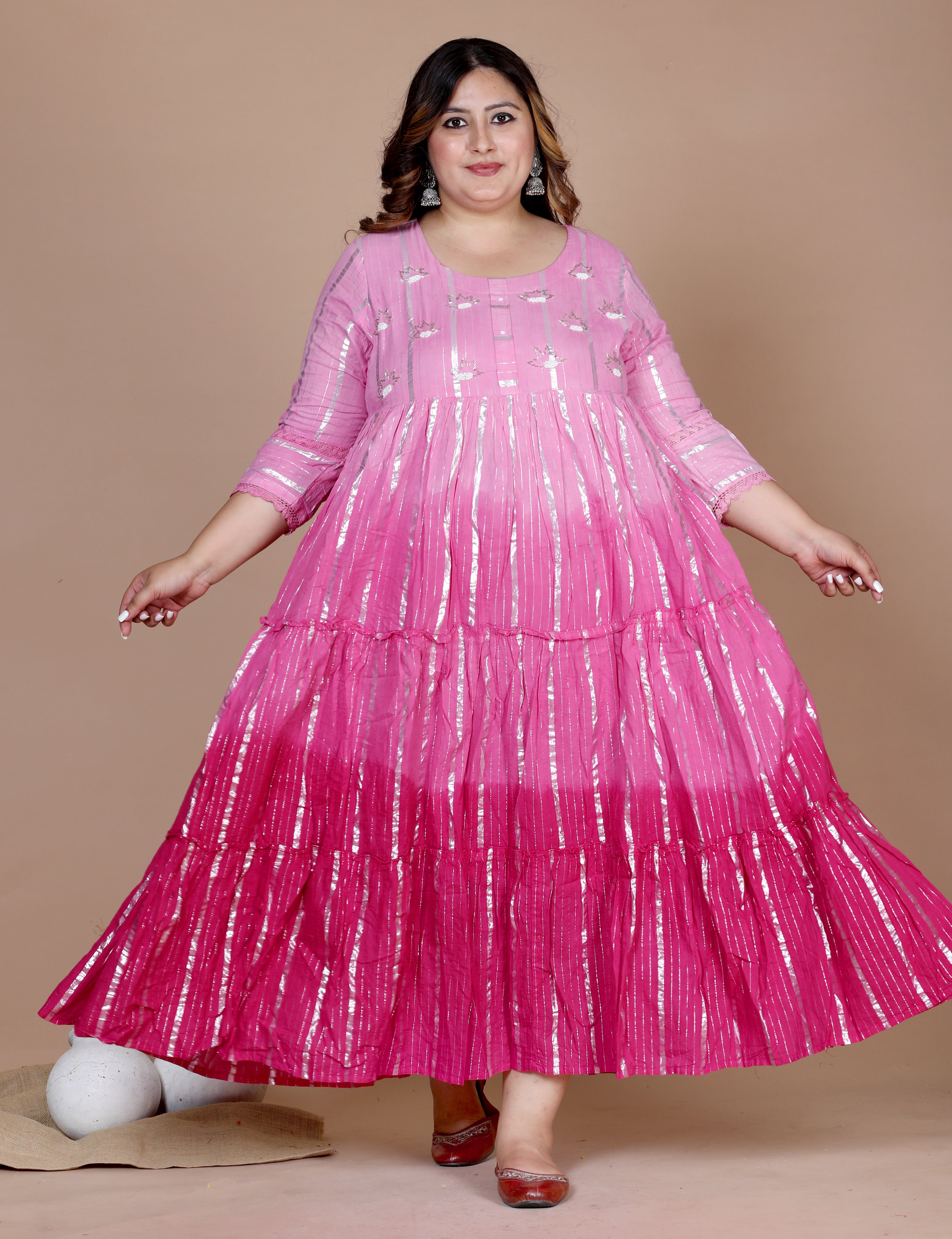 Women's Plus Size Cotton Embroidery And Lace Work Pink Party Wear Anarkali Kurta - Doriyaan