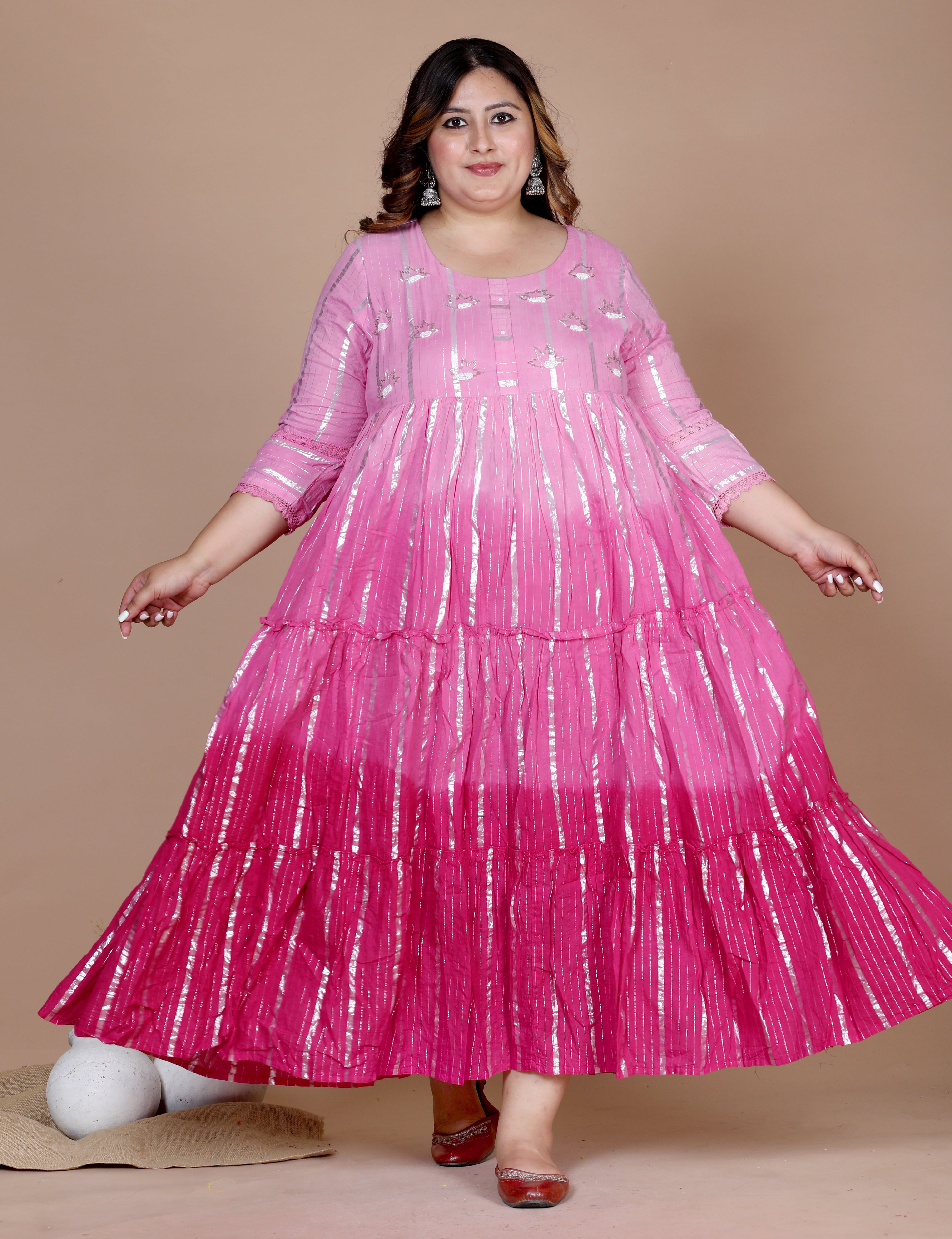 Women's Plus Size Cotton Embroidery And Lace Work Pink Party Wear Anarkali Kurta