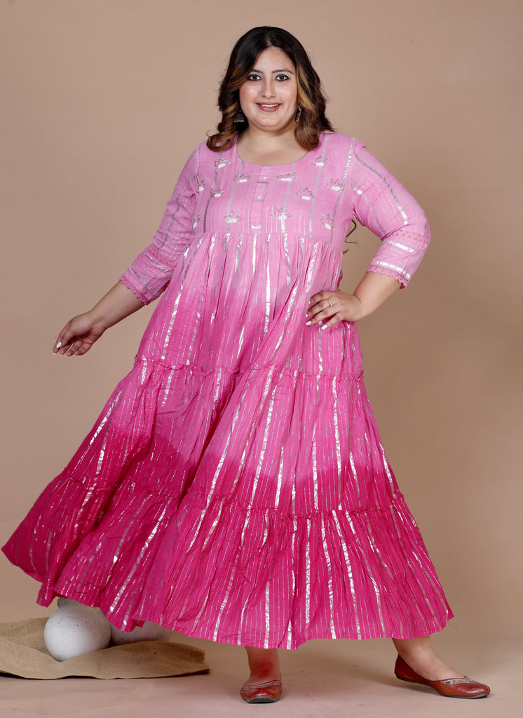 Women's Plus Size Cotton Embroidery And Lace Work Pink Party Wear Anarkali Kurta