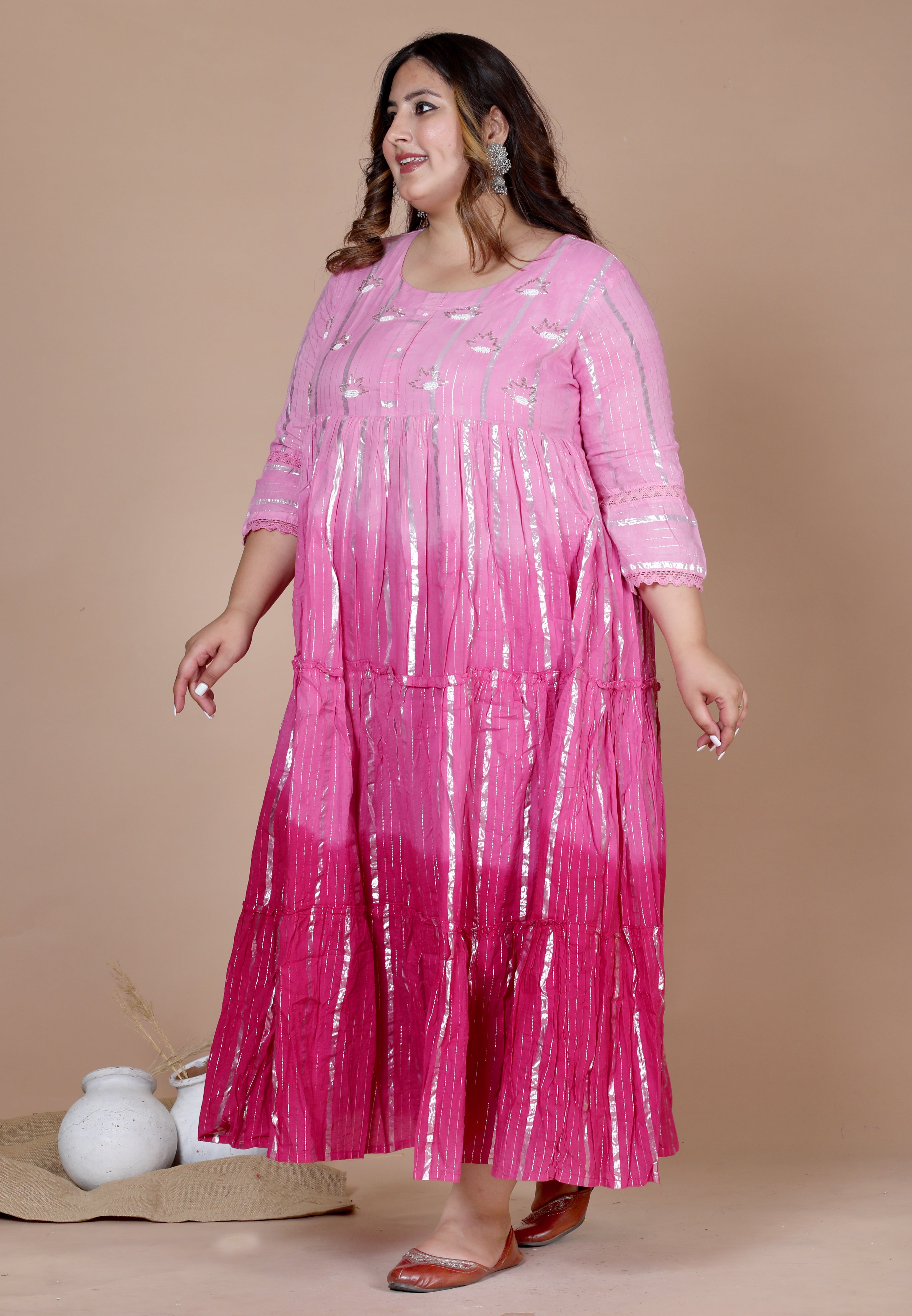 Women's Plus Size Cotton Embroidery And Lace Work Pink Party Wear Anarkali Kurta - Doriyaan