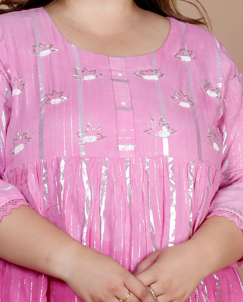 Women's Plus Size Cotton Embroidery And Lace Work Pink Party Wear Anarkali Kurta