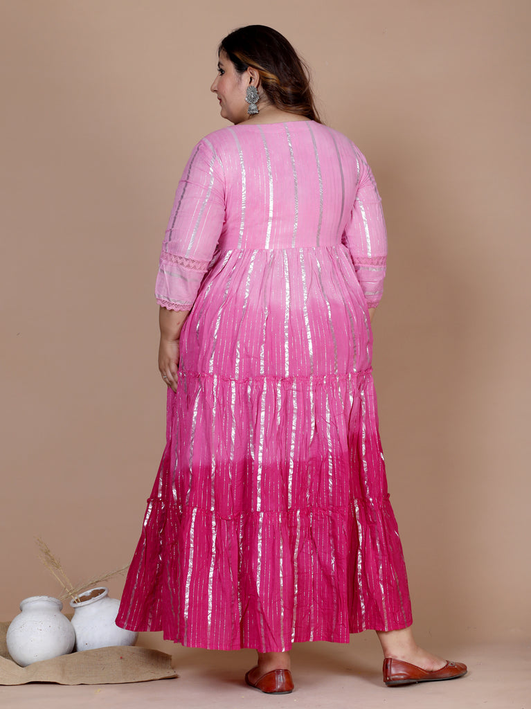 Women's Plus Size Cotton Embroidery And Lace Work Pink Party Wear Anarkali Kurta