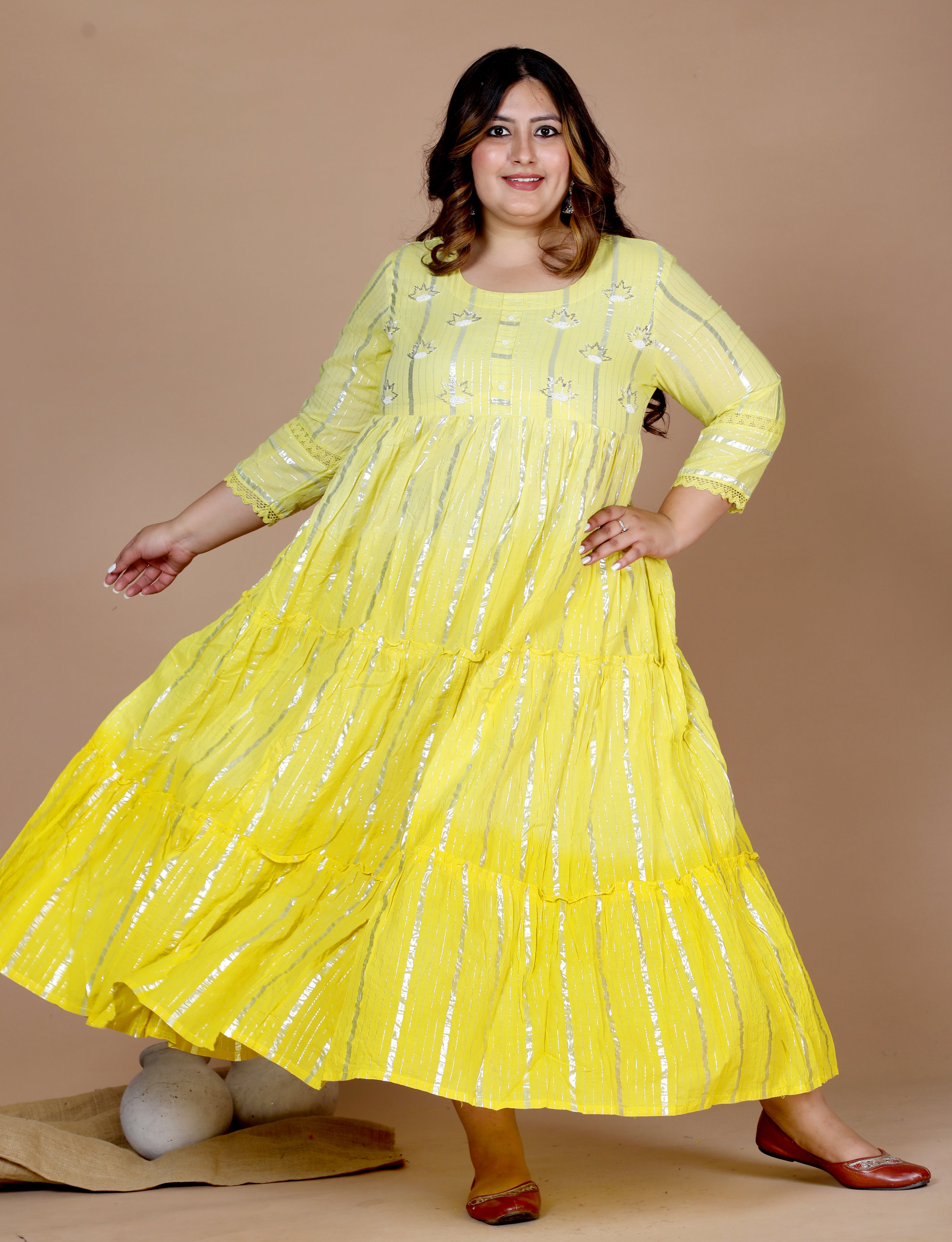 Women's Plus Size Cotton Embroidery And Lace Work Yellow Party Wear Anarkali Kurta - Doriyaan