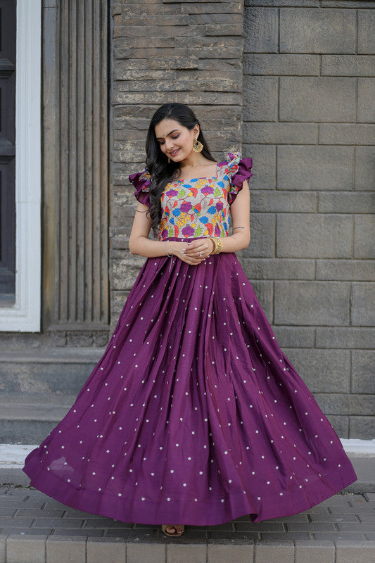 Women's Wine Chinon Anarkali Dress - Aastha Fashion