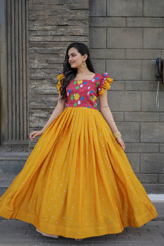 Women's Yellow Chinon Anarkali Dress - Aastha Fashion