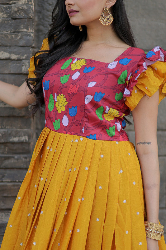 Women's Yellow Chinon Anarkali Dress - Aastha Fashion