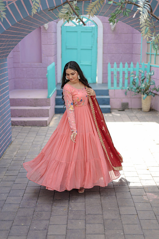 Women's Peach Georgette Anarkali With Dupatta - Aastha Fashion