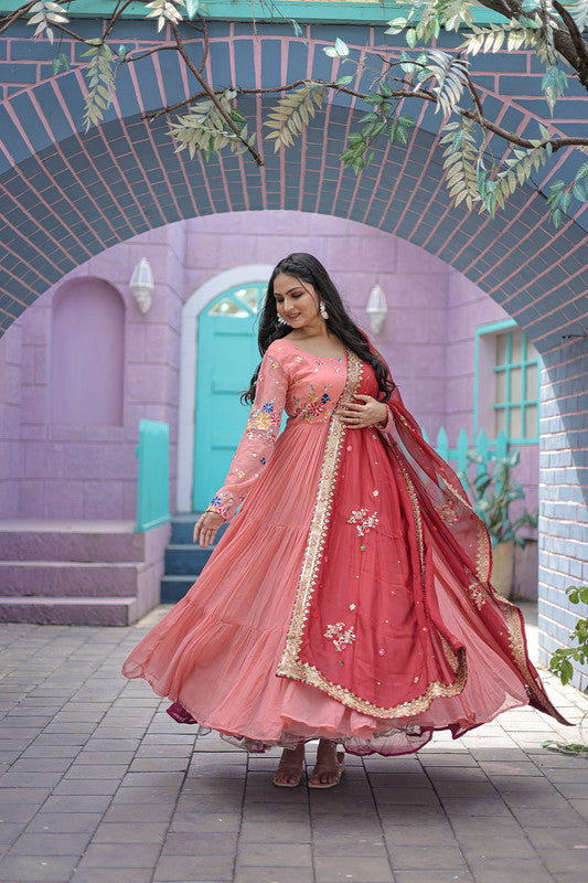 Women's Peach Georgette Anarkali With Dupatta - Aastha Fashion