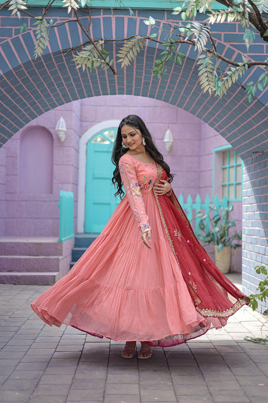 Women's Peach Georgette Anarkali With Dupatta - Aastha Fashion