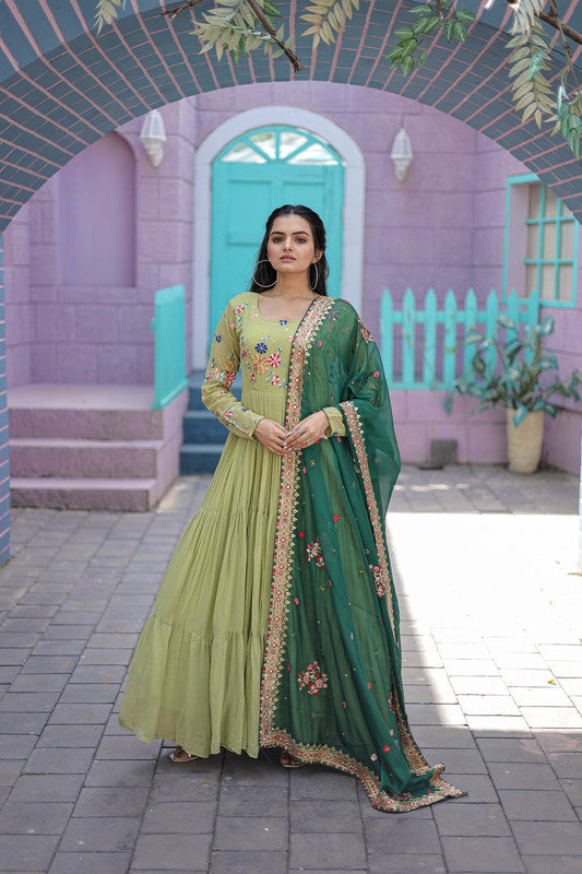 Women's Parrot-Green Georgette Anarkali With Dupatta - Aastha Fashion