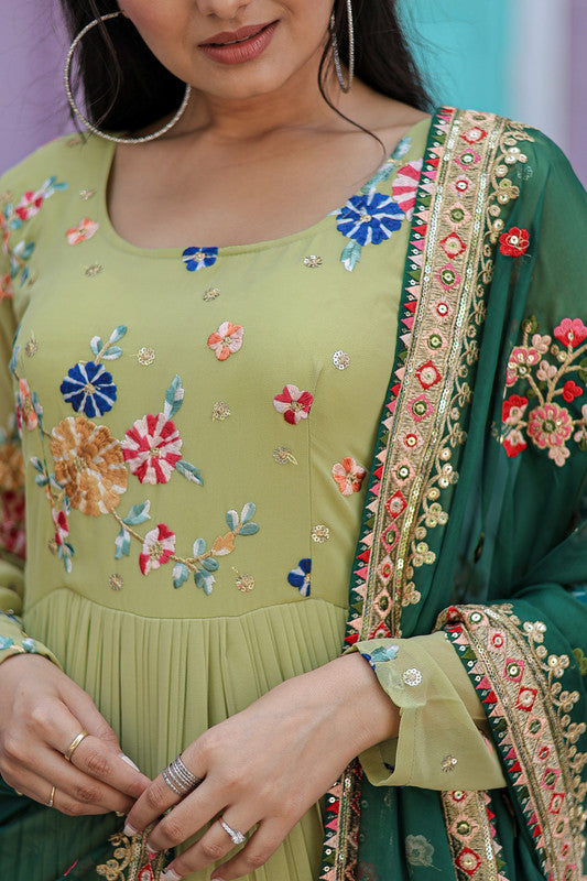 Women's Parrot-Green Georgette Anarkali With Dupatta - Aastha Fashion