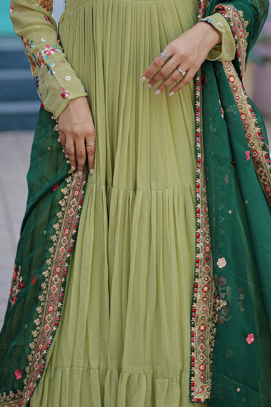 Women's Parrot-Green Georgette Anarkali With Dupatta - Aastha Fashion