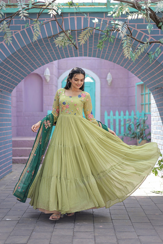 Women's Parrot-Green Georgette Anarkali With Dupatta - Aastha Fashion