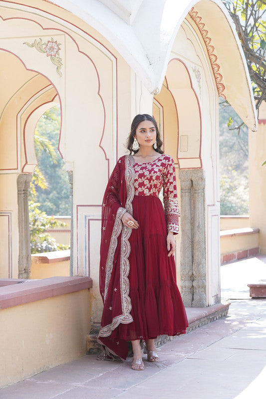 Women's Maroon Faux Georgette Anarkali With Dupatta - Aastha Fashion