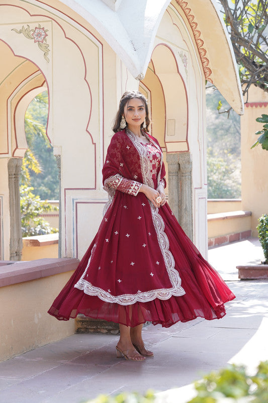 Women's Maroon Faux Georgette Anarkali With Dupatta - Aastha Fashion