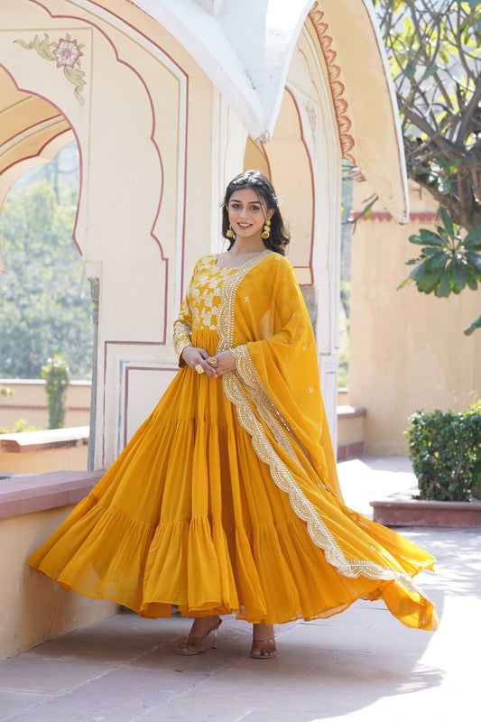 Women's Yellow Faux Georgette Anarkali With Dupatta - Aastha Fashion