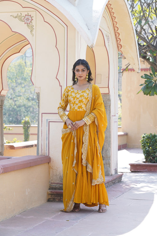 Women's Yellow Faux Georgette Anarkali With Dupatta - Aastha Fashion