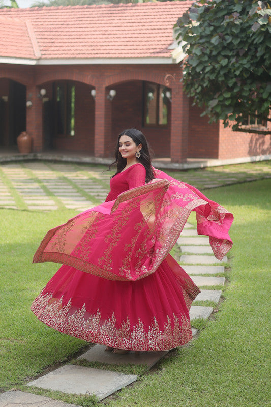 Women's Pink Multi-Sequins Georgette Anarkali With Dupatta - Aastha Fashion