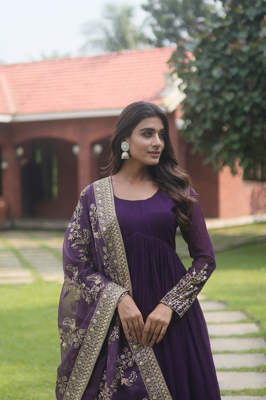 Women's Purple Multi-Sequins Georgette Anarkali With Dupatta - Aastha Fashion