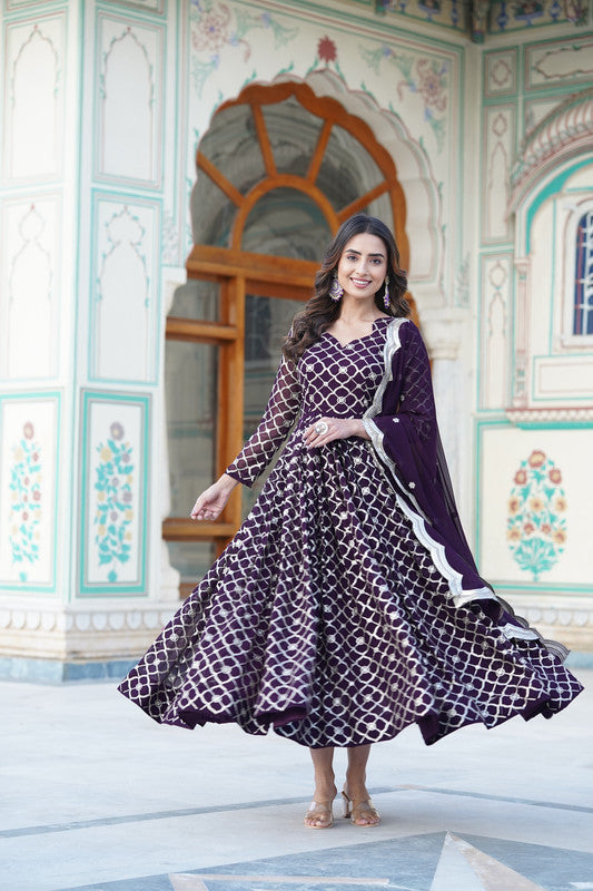 Women's Wine Faux Blooming Anarkali With Dupatta - Aastha Fashion