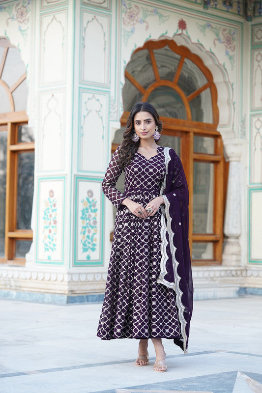 Women's Wine Faux Blooming Anarkali With Dupatta - Aastha Fashion