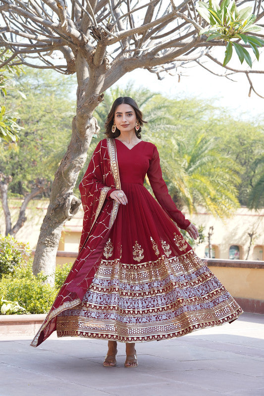 Women's Maroon Faux Blooming Anarkali With Dupatta - Aastha Fashion