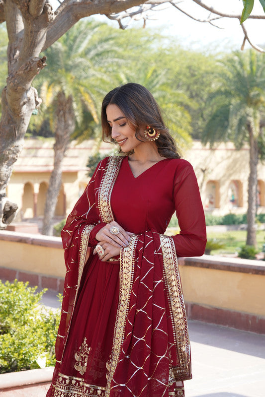 Women's Maroon Faux Blooming Anarkali With Dupatta - Aastha Fashion