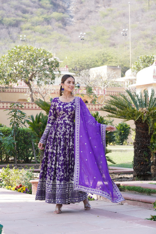 Women's Purple Viscose Diable Jacquard Anarkali With Dupatta - Aastha Fashion