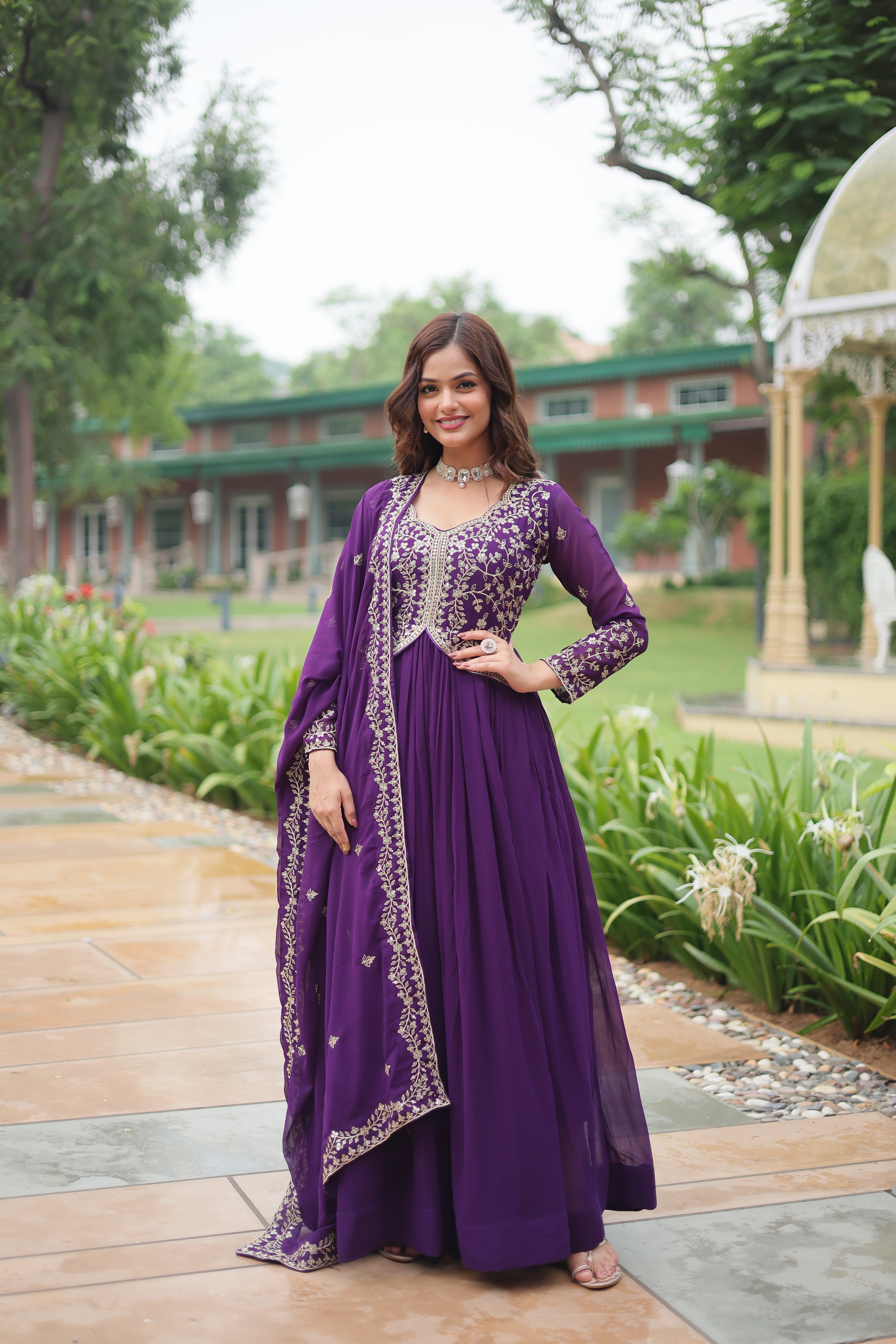 Women's Purple Color Faux Blooming Gown Set
