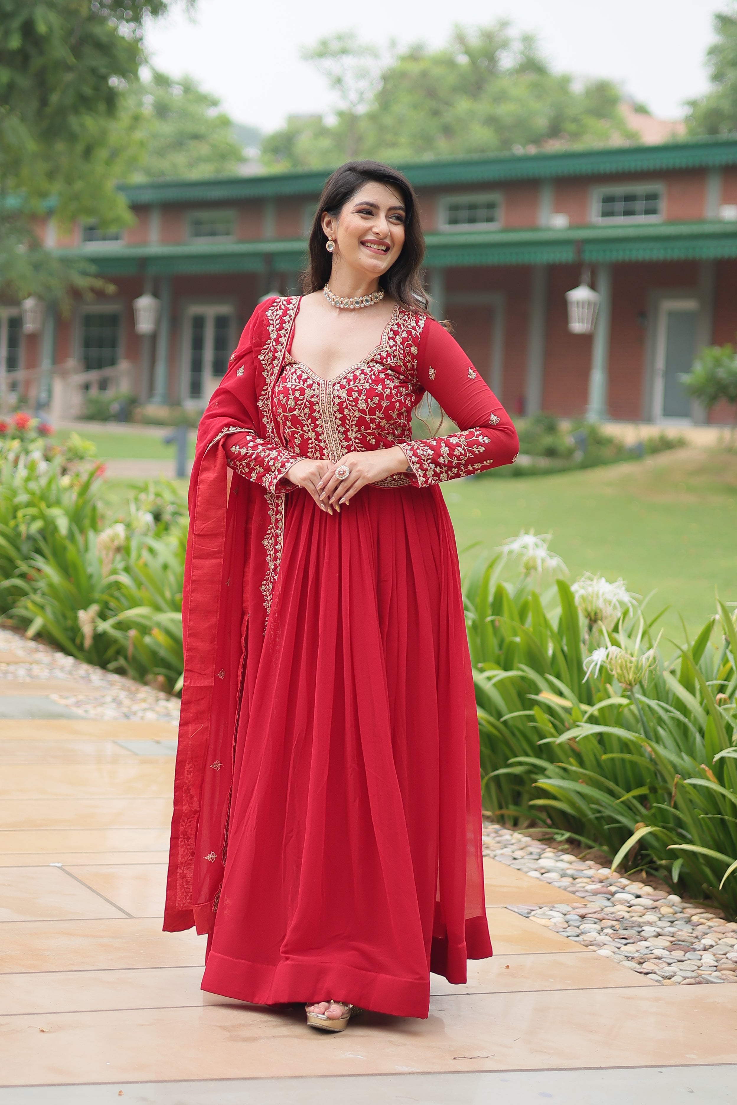 Women's Red Color Faux Blooming Gown Set