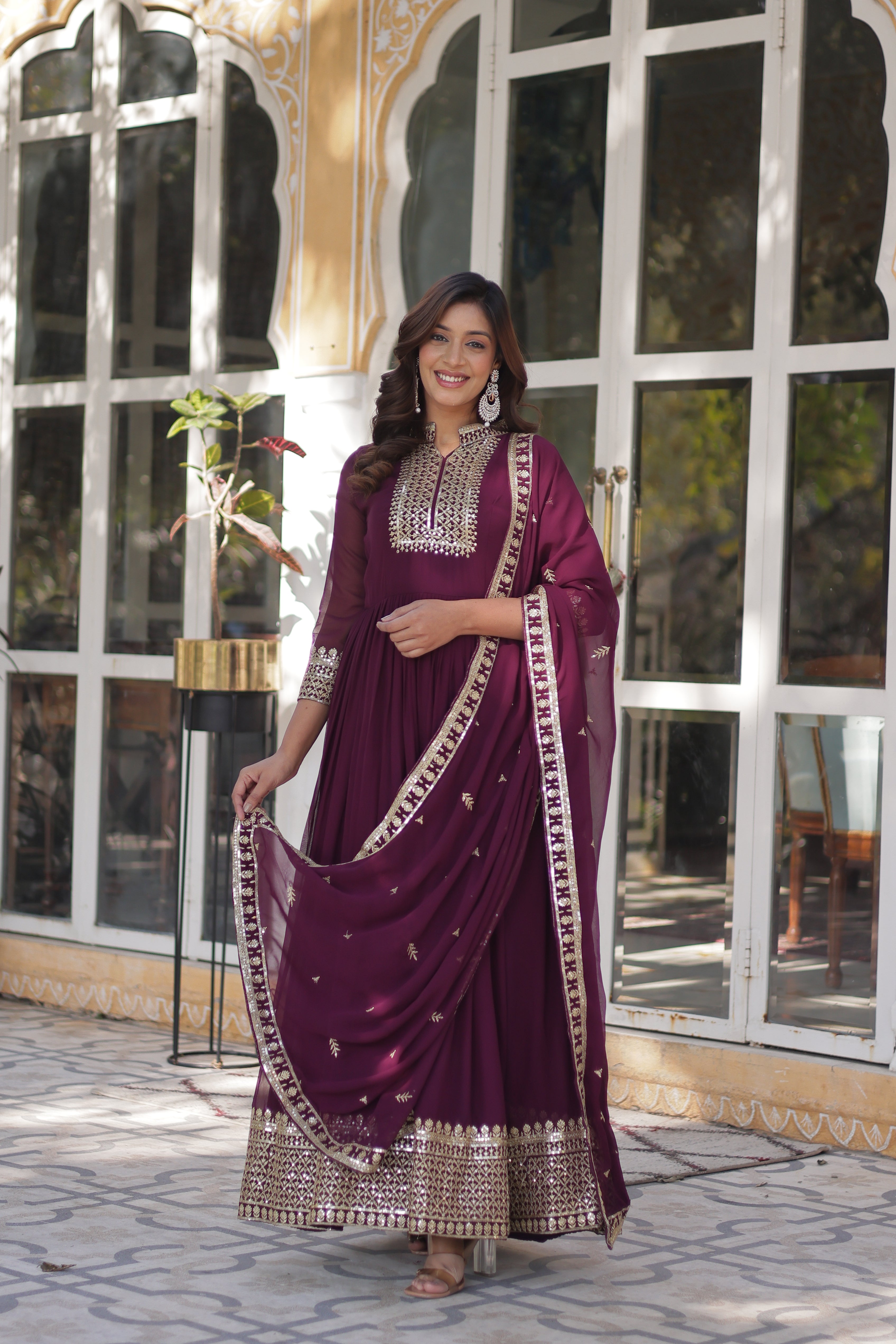 Women's Wine Color Faux Blooming Georgette Gown Set