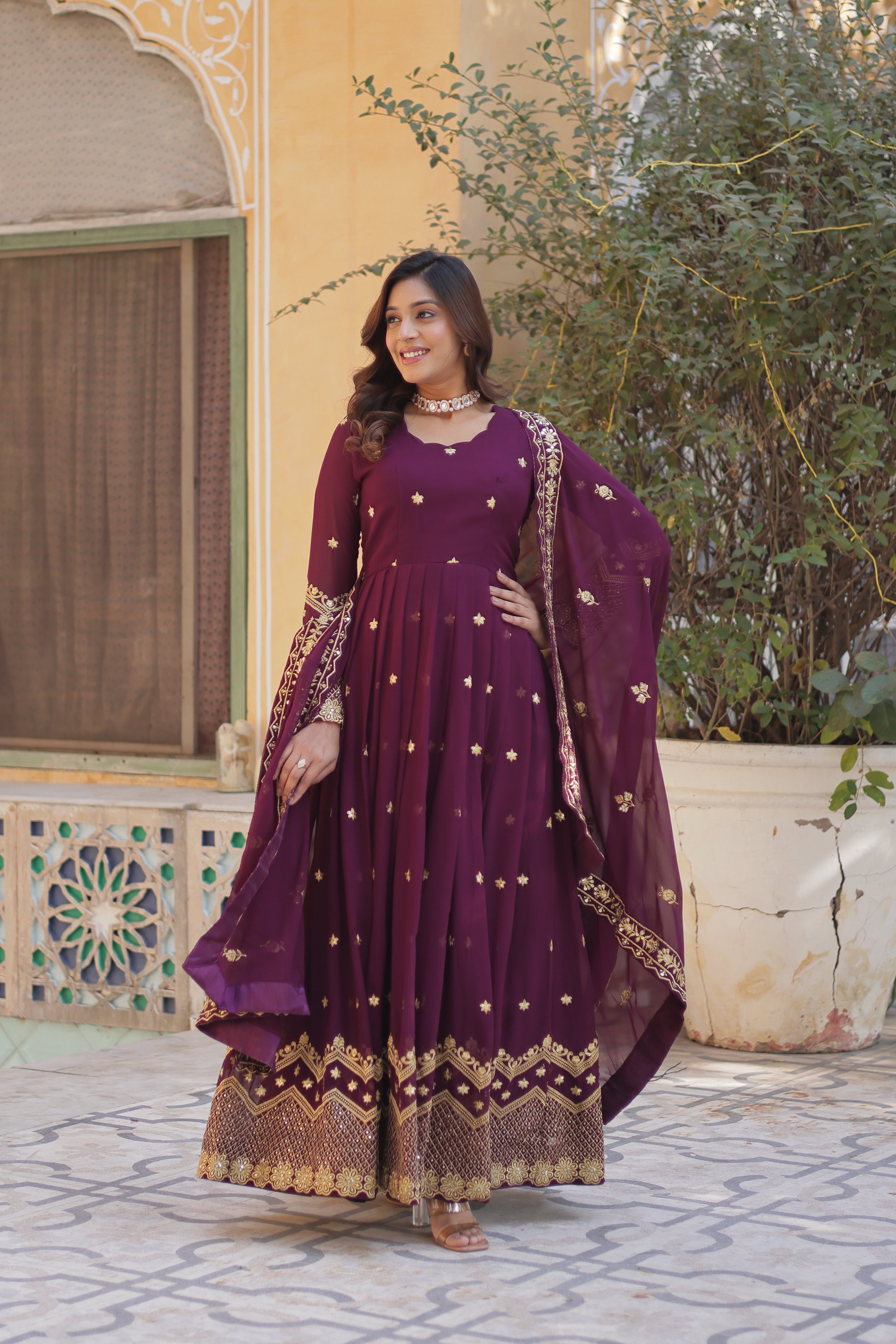 Women's Wine Color Faux Blooming Georgette Gown Set