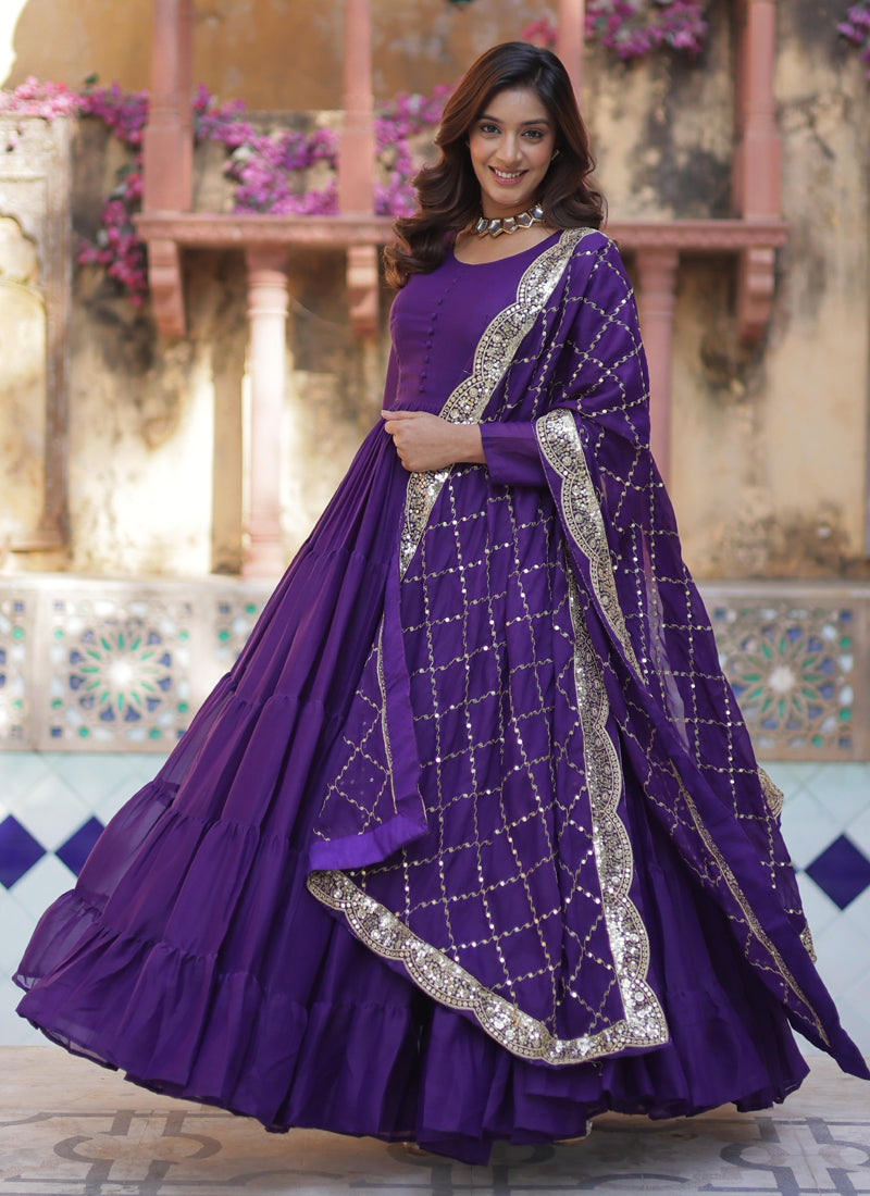 Women's Violet Georgette Embroidered Gown - Prazu Fashion