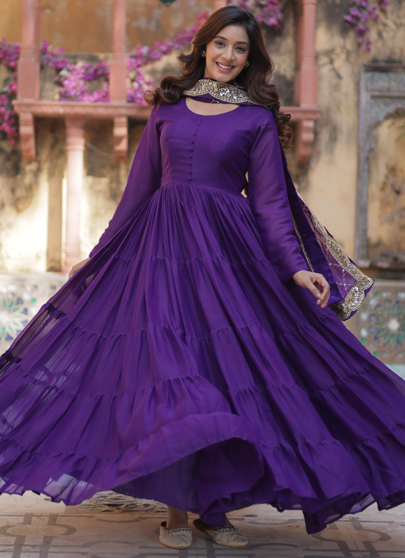 Women's Violet Georgette Embroidered Gown - Prazu Fashion