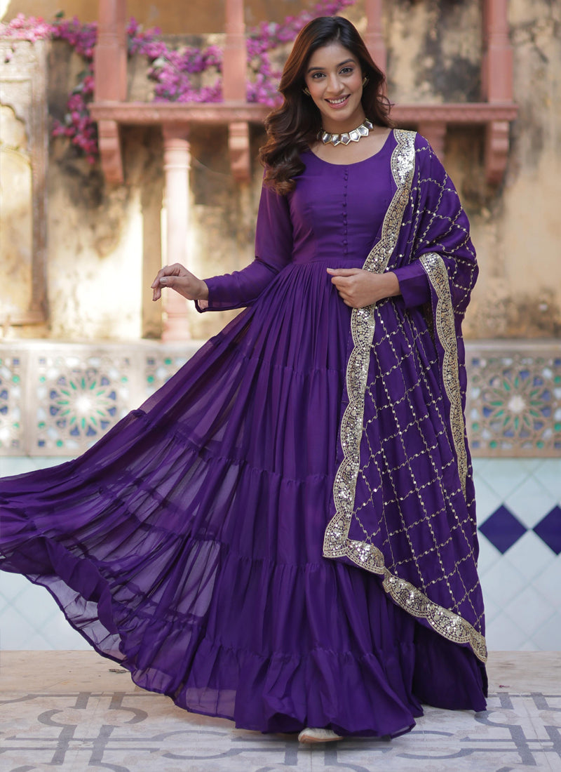 Women's Violet Georgette Embroidered Gown - Prazu Fashion