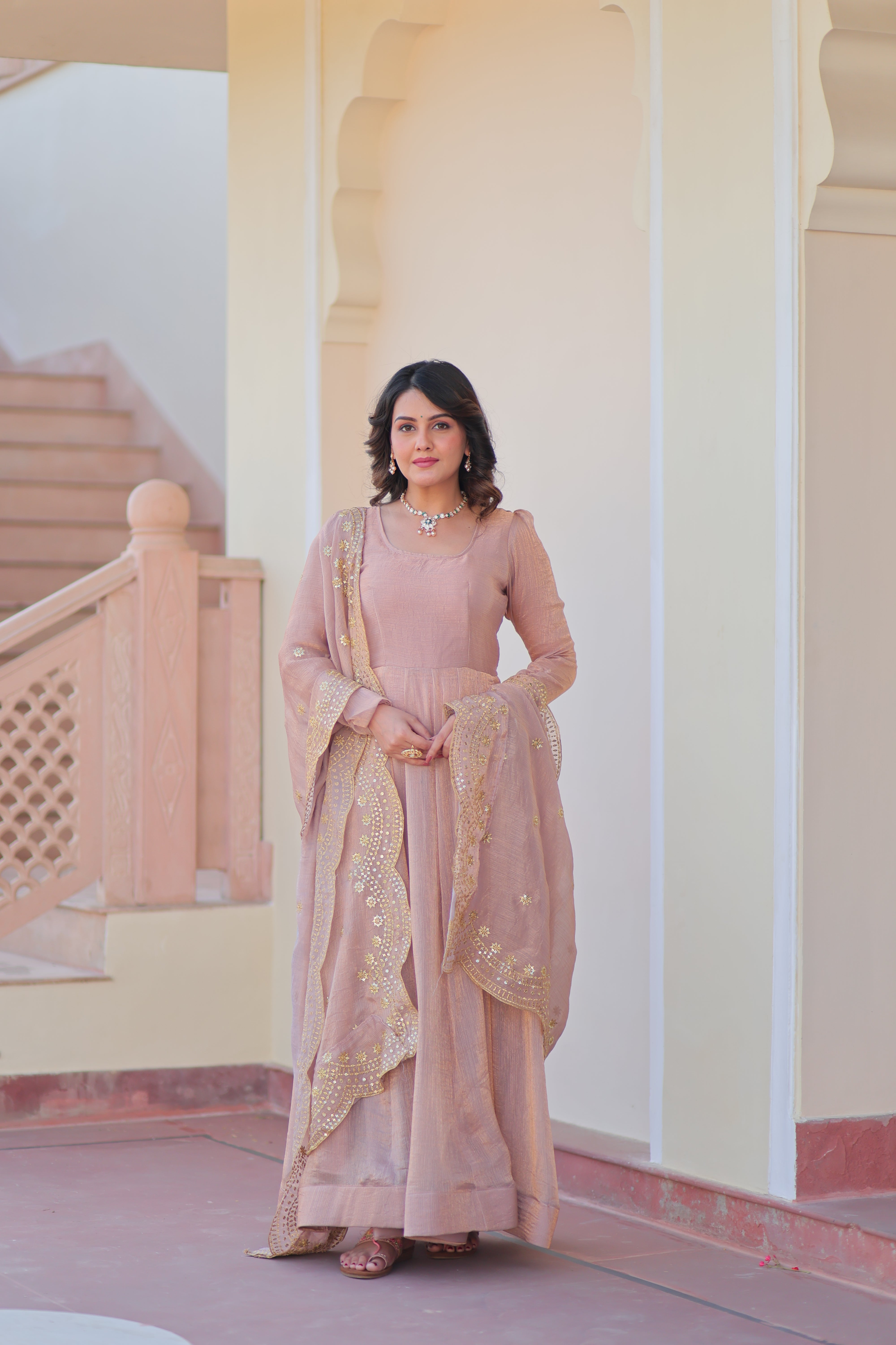 Women's Chikoo Color Fendy Chiffon Gown Set