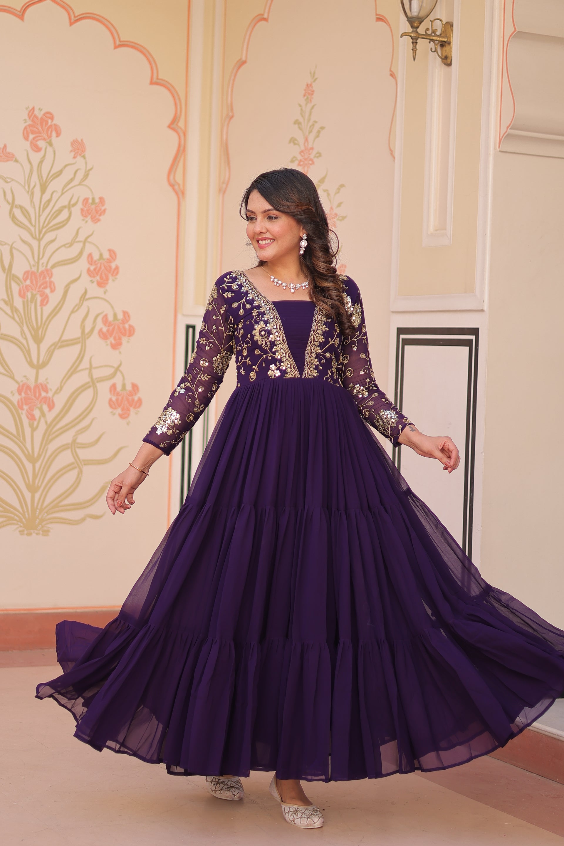 Women's Purple Georgette sequence Embroidery Work Dress Purple / 36