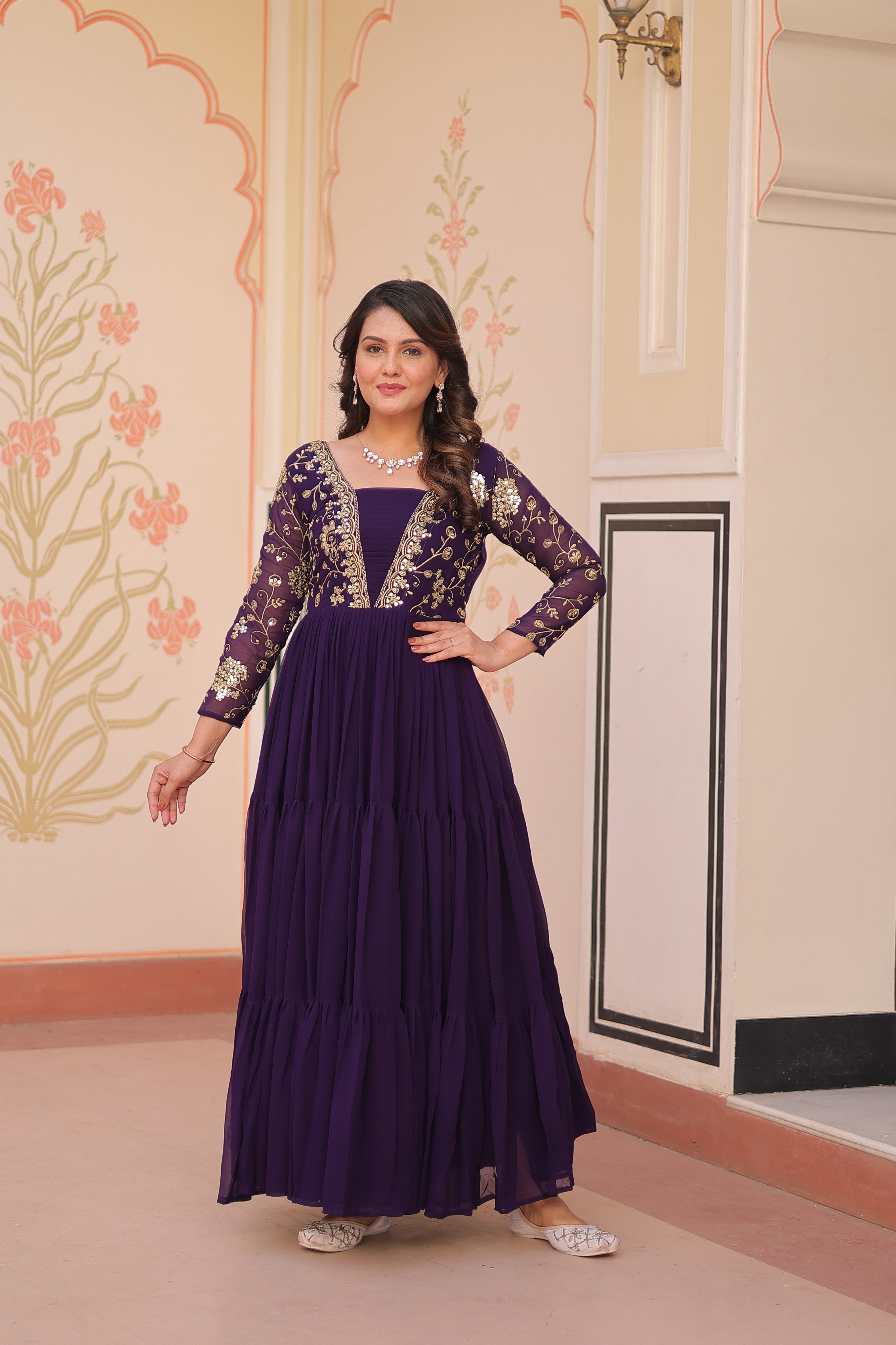 Women's Purple Georgette sequence Embroidery Work Dress Purple / 36