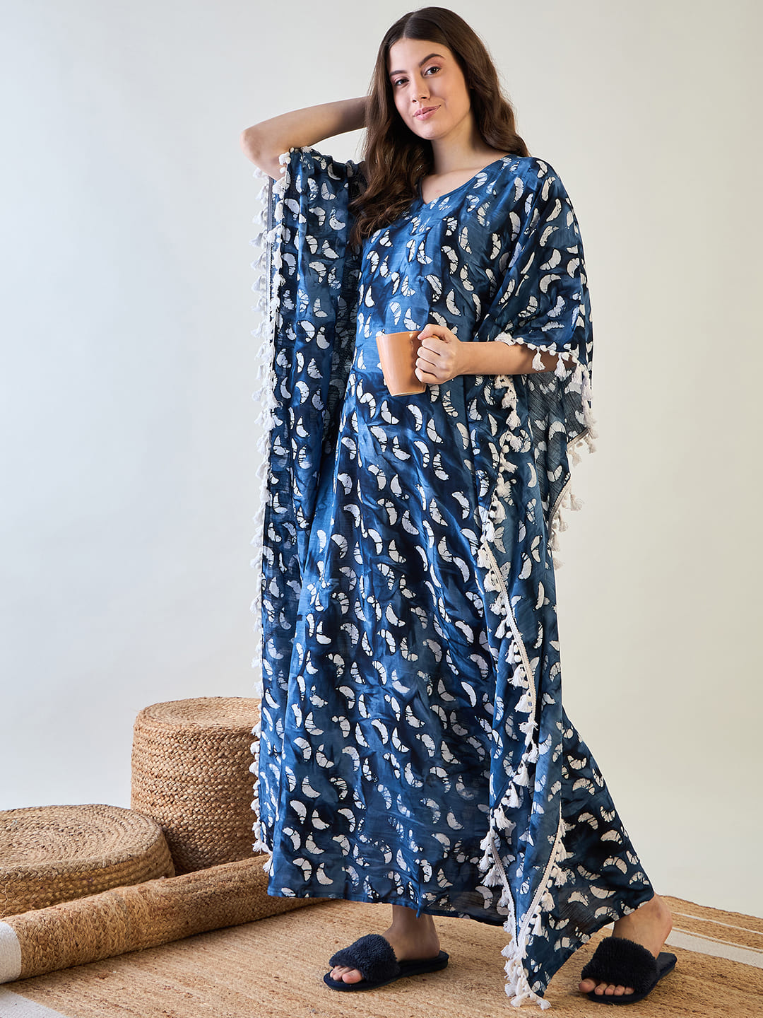 Elegant Blue Batik Cotton Kaftan with White Tassel Trim Elegant Blue Batik Cotton Kaftan with White Tassel Trim