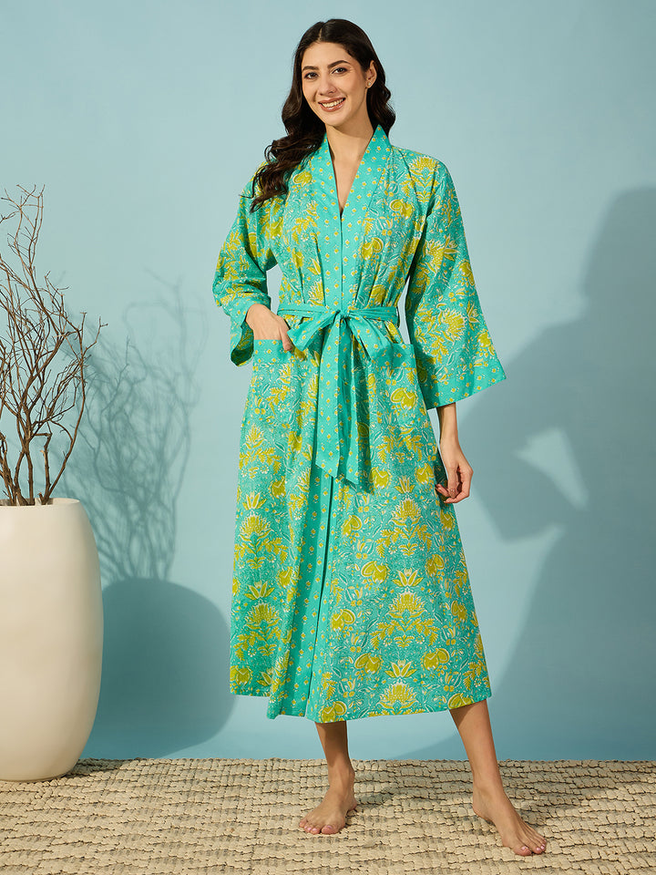 Women's Blue Cotton Floral Bath Robe