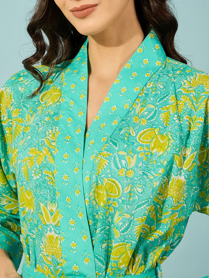 Women's Blue Cotton Floral Bath Robe
