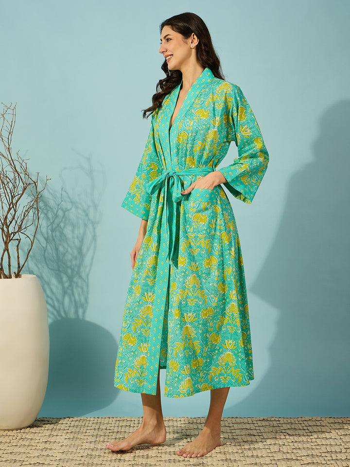 Women's Blue Cotton Floral Bath Robe