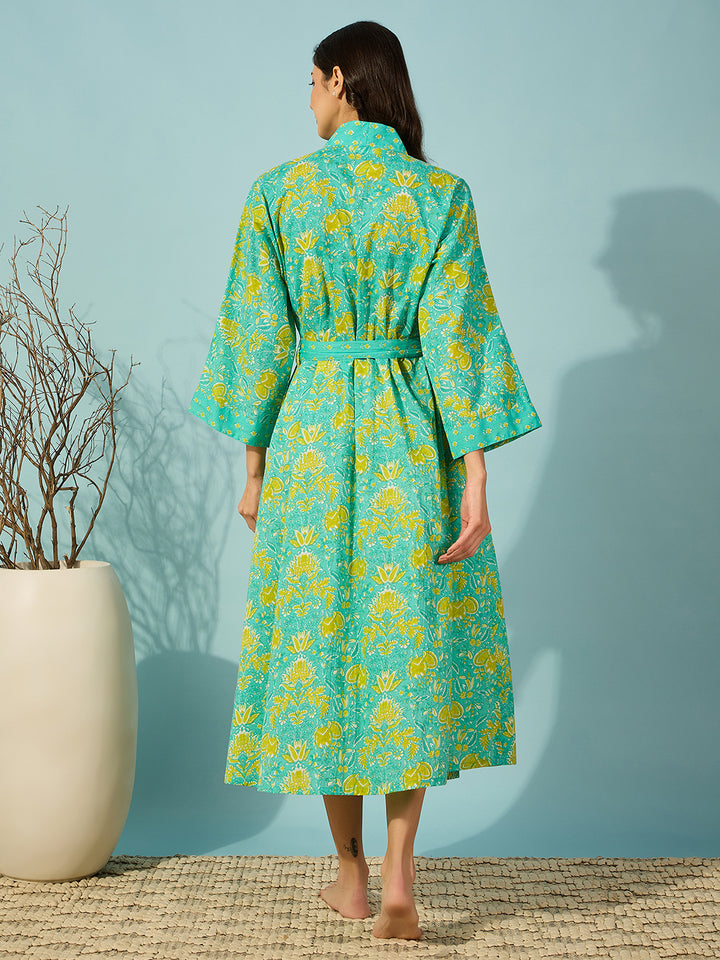 Women's Blue Cotton Floral Bath Robe