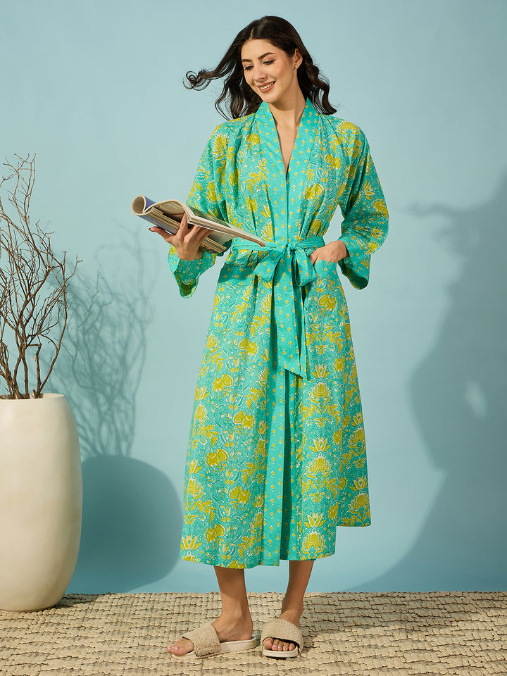 Women's Blue Cotton Floral Bath Robe