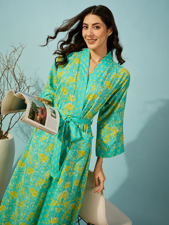 Women's Blue Cotton Floral Bath Robe