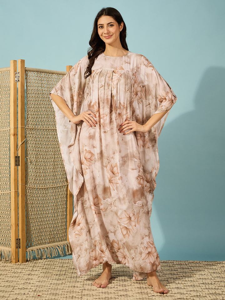 Women's Beige Viscose Rayon Floral Kaftan