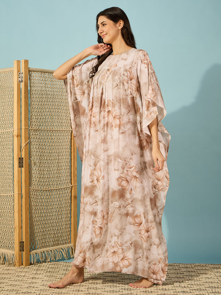 Women's Beige Viscose Rayon Floral Kaftan