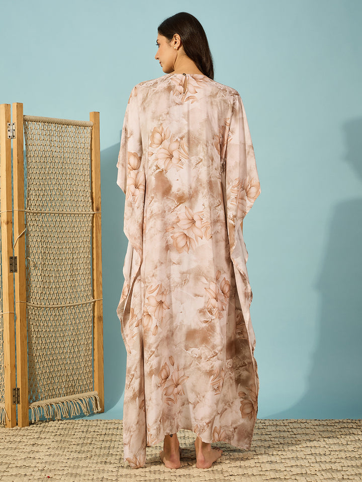 Women's Beige Viscose Rayon Floral Kaftan