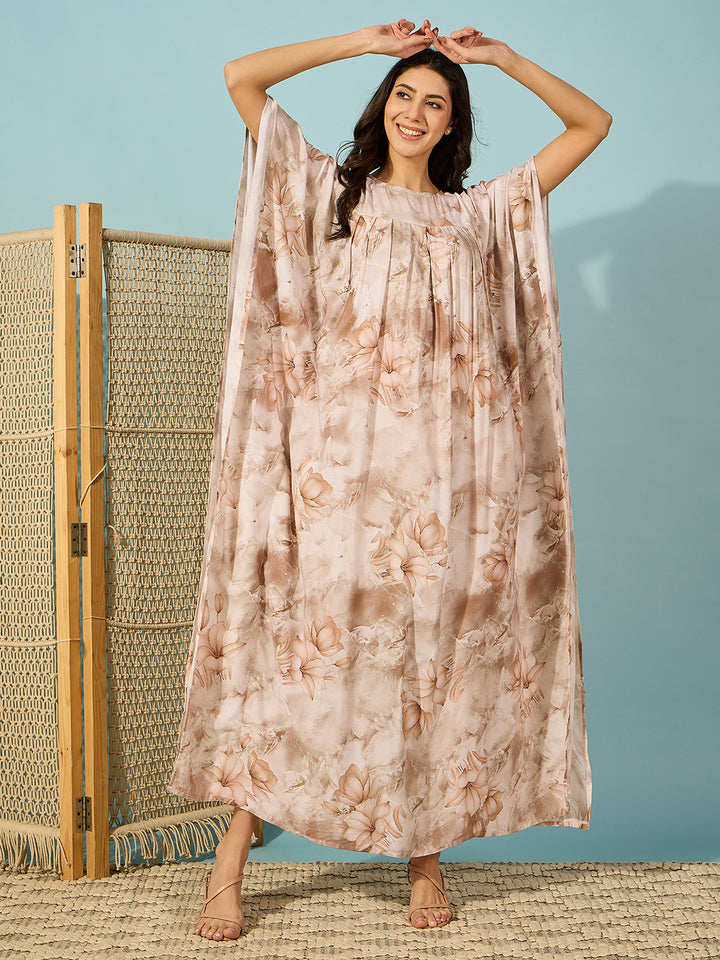 Women's Beige Viscose Rayon Floral Kaftan