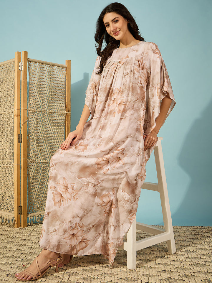 Women's Beige Viscose Rayon Floral Kaftan